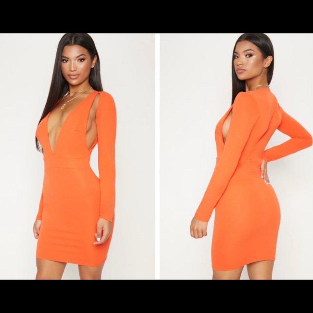 Bright Orange Plunge Cut Out Sleeve Bodycon Dress